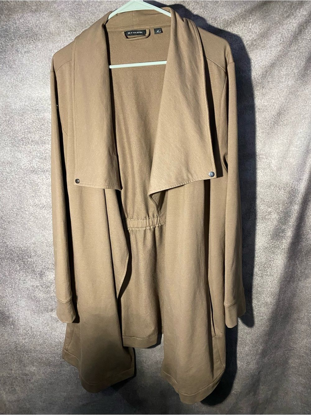 H by Halston Women 3X Drape Front Open Cardigan Jacket Cinch Waist Taupe